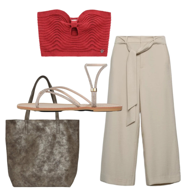 Outfit donna - Total look #2438043. Stile Casual chic per Tutti i giorni. Abbinamento con pantaloni a palazzo, shopping bag, sandali, top.