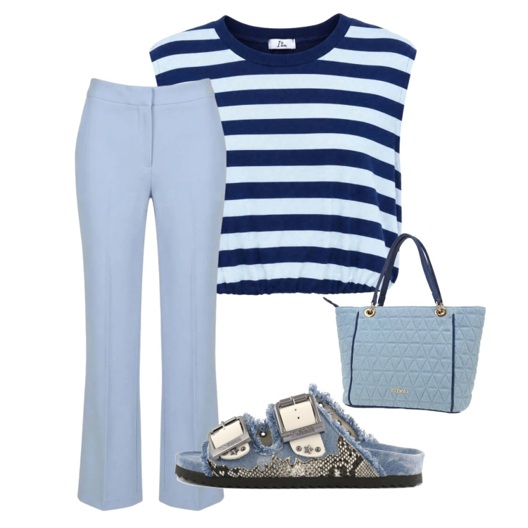 Outfit donna - Righe e animalier. Stile Casual per Ufficio. Abbinamento con top, pantaloni, sandali, borse a spalla.