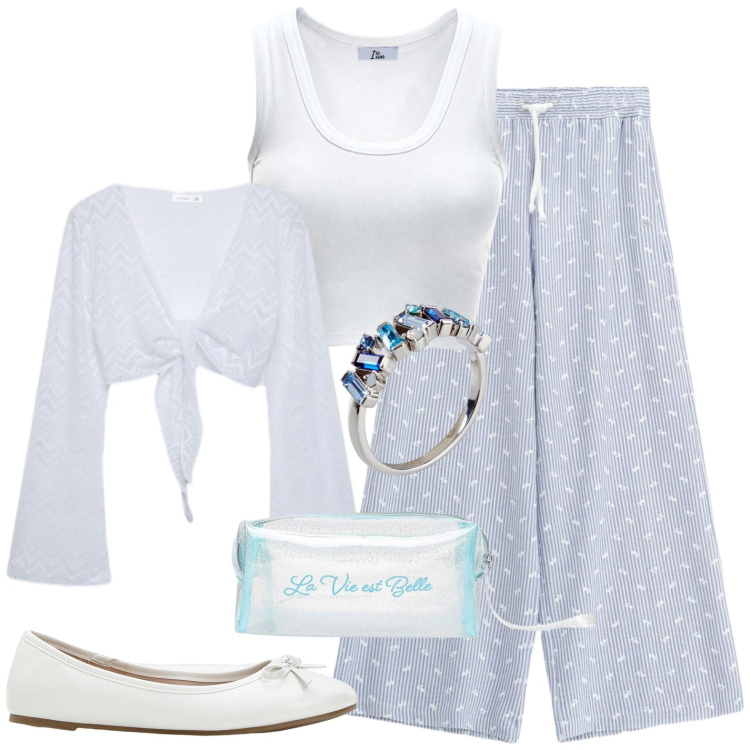 Outfit donna - A passeggio. Stile Casual per Tutti i giorni. Abbinamento con ballerine, anelli, canottiere, valigie, top, pantaloni a palazzo.