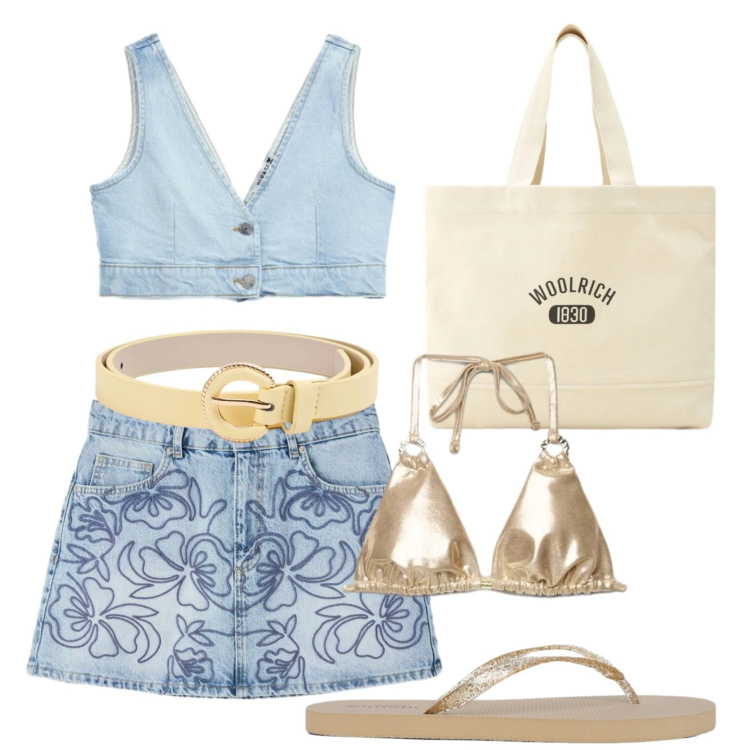 Outfit donna - Total look #2438046. Stile 70s per Mare. Abbinamento con infradito, cinture, minigonne, bikini, top, borse tote.