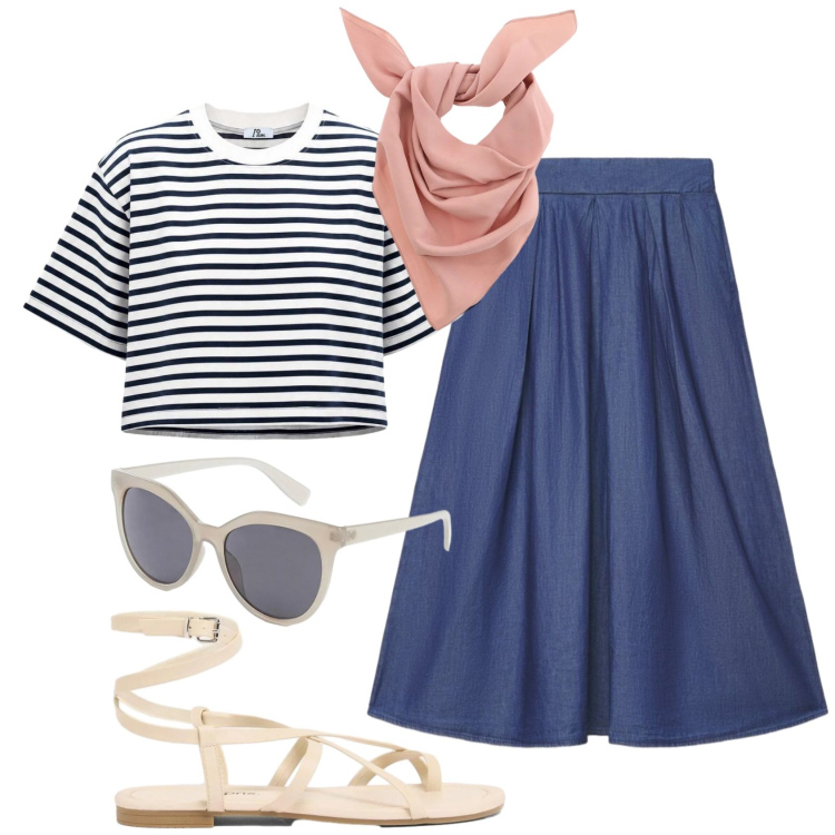 Outfit donna - Total look #2438047. Stile Casual per Tutti i giorni. Abbinamento con sandali, occhiali da sole, t-shirt, gonne lunghe, foulard.