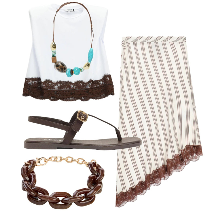 Outfit donna - Total look #2438048. Stile Casual chic per Tutti i giorni. Abbinamento con braccialetti, sandali, gonne longuette, top, collane.