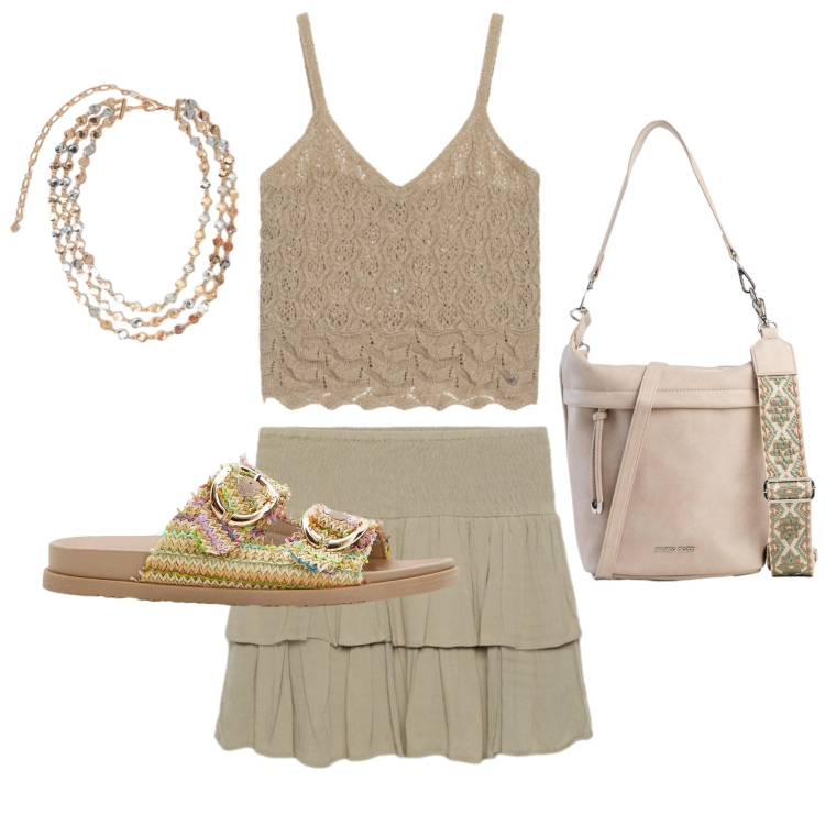 Outfit donna - Total look #2438050. Stile Boho per Tutti i giorni. Abbinamento con ciabatte, borse a tracolla, minigonne, maglieria, collane.