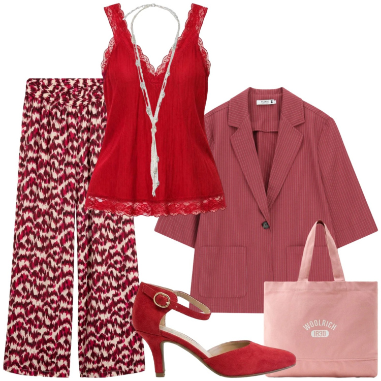 Outfit donna - Città. Stile Casual per Tutti i giorni. Abbinamento con décolleté, pantaloni a palazzo, canottiere, collane, borse tote, blazer.