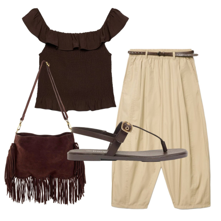 Outfit donna - Total look #2438052. Stile Trendy per Ufficio. Abbinamento con sandali, borse a tracolla, pantaloni, top.