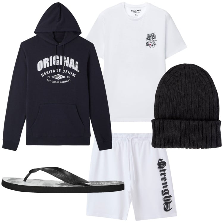 Outfit uomo - Sporty style. Stile Trendy per Sport. Abbinamento con sandali, bermuda, felpe con cappuccio, t-shirt, berretti.