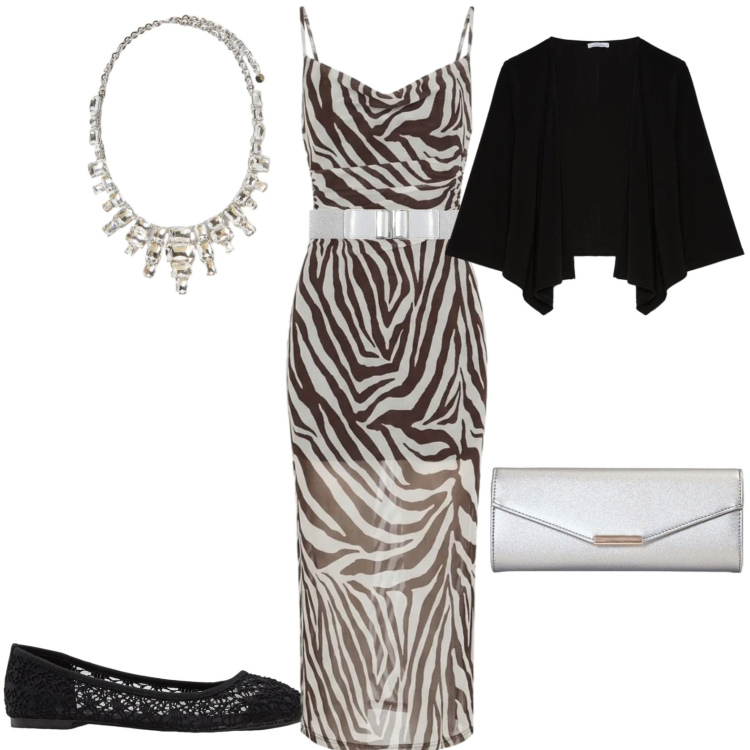 Outfit donna - Chic. Stile Chic per Serata fuori. Abbinamento con ballerine, vestiti lunghi, cinture, clutch, collane, blazer.