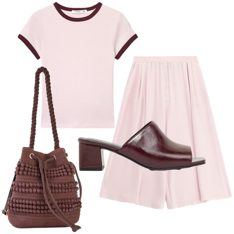Outfit donna - Total look #2438059. Stile Casual per Ufficio. Abbinamento con ciabatte, borse a secchiello, t-shirt, pantaloni a palazzo.