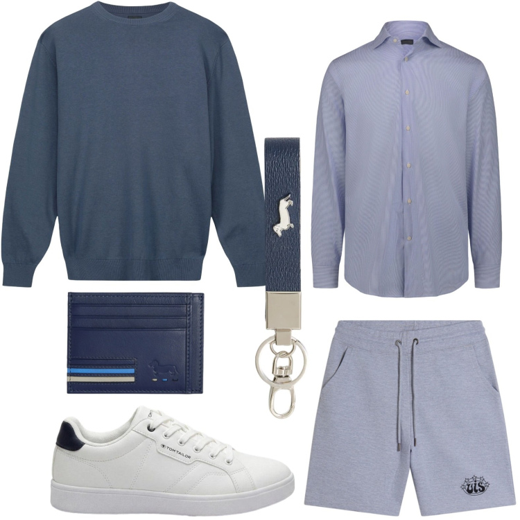 Outfit uomo - Stile fluido. Stile Casual per Tutti i giorni. Abbinamento con sneakers, portafogli, portachiavi, bermuda, maglieria, camicie.