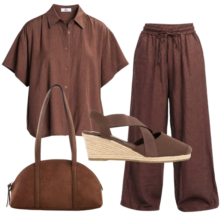 Outfit donna - Total look #2438061. Stile Minimal per Ufficio. Abbinamento con borse a tracolla, zeppe, camicie a manica corta, pantaloni.