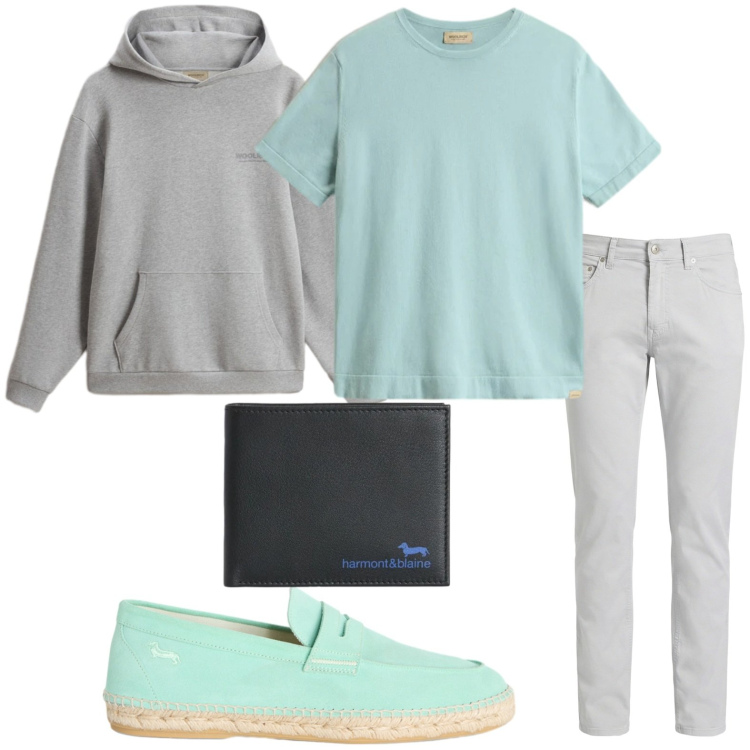 Outfit uomo - Eleganza rilassata. Stile Casual per Tutti i giorni. Abbinamento con portafogli, pantaloni, espadrillas, t-shirt, felpe con cappuccio.