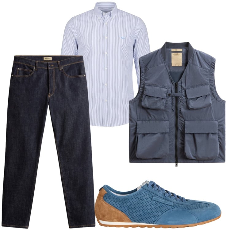 Outfit uomo - Gilet funzionale. Stile Casual per Tutti i giorni. Abbinamento con camicie, sneakers, pantaloni, gilet.