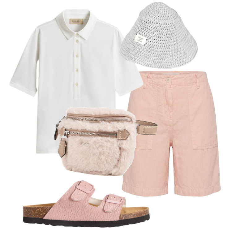 Outfit donna - Total look #2438076. Stile Basic per Tutti i giorni. Abbinamento con marsupi, cappelli con visiera, bermuda, polo, sandali in pelle.