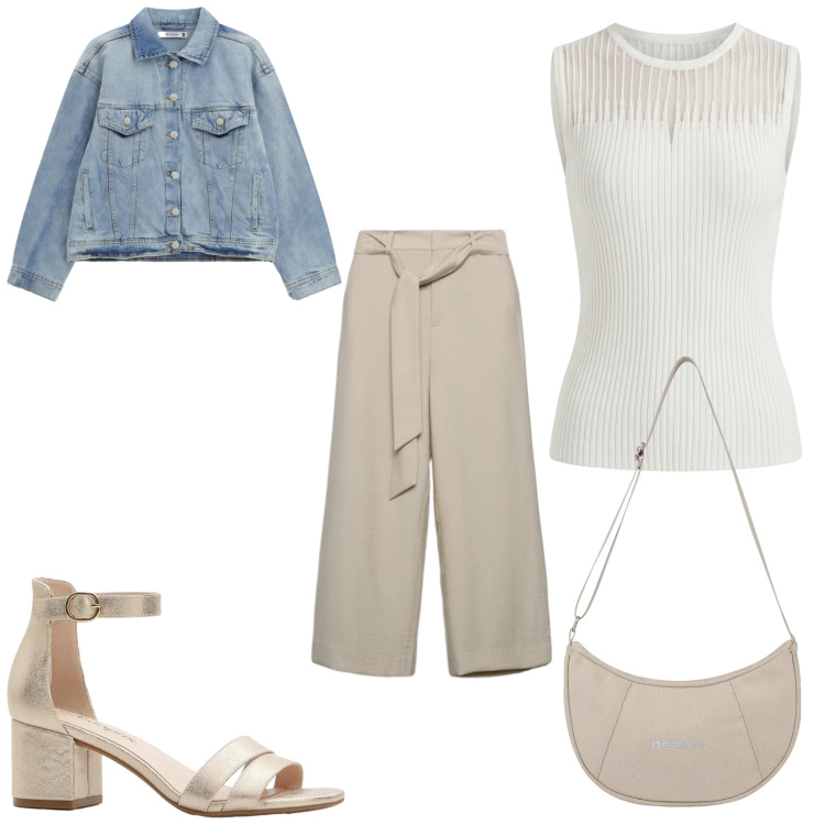 Outfit donna - Casual. Stile Casual per Serata fuori. Abbinamento con sandali col tacco, pantaloni a palazzo, canottiere, blazer, borse a spalla.