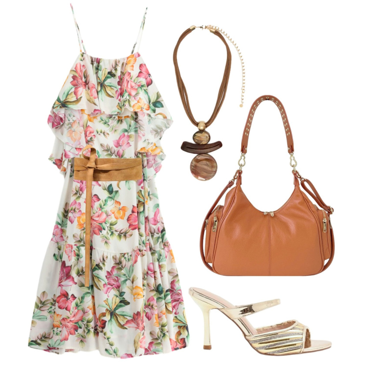 Outfit donna - L\'abito a fiori. Stile Vintage retrò per Tutti i giorni. Abbinamento con cinture, borse a spalla, ciondoli, vestiti lunghi, sabot.