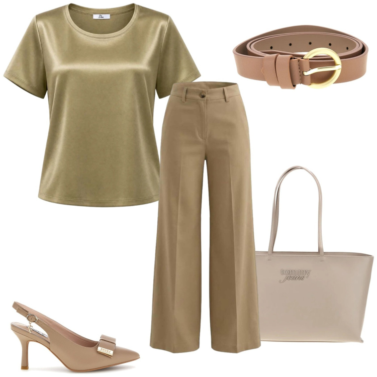 Outfit donna - Total look #2438079. Stile Casual chic per Serata fuori. Abbinamento con pantaloni a palazzo, t-shirt, décolleté, borse a spalla, cinture.