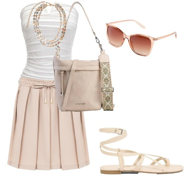 Outfit donna - Total look #2438083. Stile Preppy per Tutti i giorni. Abbinamento con sandali, borse a tracolla, occhiali da sole, minigonne, top, collane.