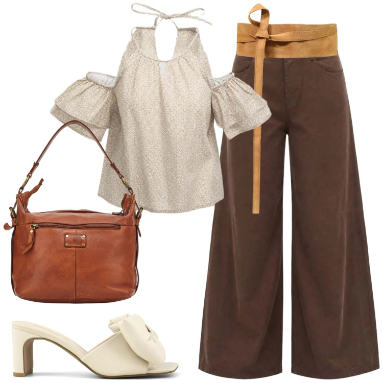 Outfit donna - Passeggio. Stile Casual per Tutti i giorni. Abbinamento con top, pantaloni a palazzo, cinture, sandali col tacco, borse a spalla.