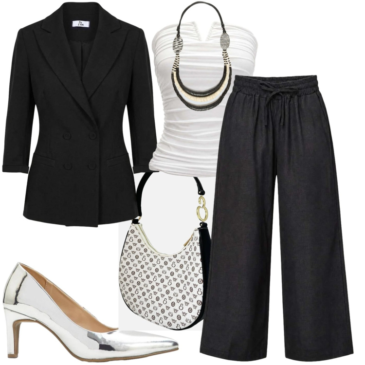 Outfit donna - Serata. Stile Chic per Serata fuori. Abbinamento con décolleté, blazer, top, pantaloni, borse a spalla, collane.