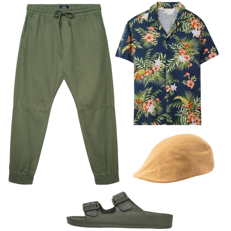Outfit uomo - Essenziale estivo. Stile Trendy per Tutti i giorni. Abbinamento con camicie a manica corta, sandali, pantaloni, cappelli con visiera.