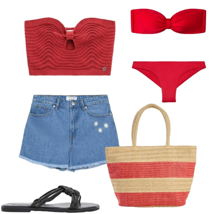 Outfit donna - Vacanza al mare. Stile Casual chic per Mare. Abbinamento con shopping bag, shorts, bikini, bikini, sandali, top.