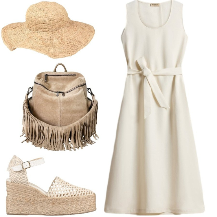 Outfit donna - Bianco raffinato. Stile Casual chic per Tutti i giorni. Abbinamento con espadrillas, cappelli, zaini, vestiti midi/longuette.