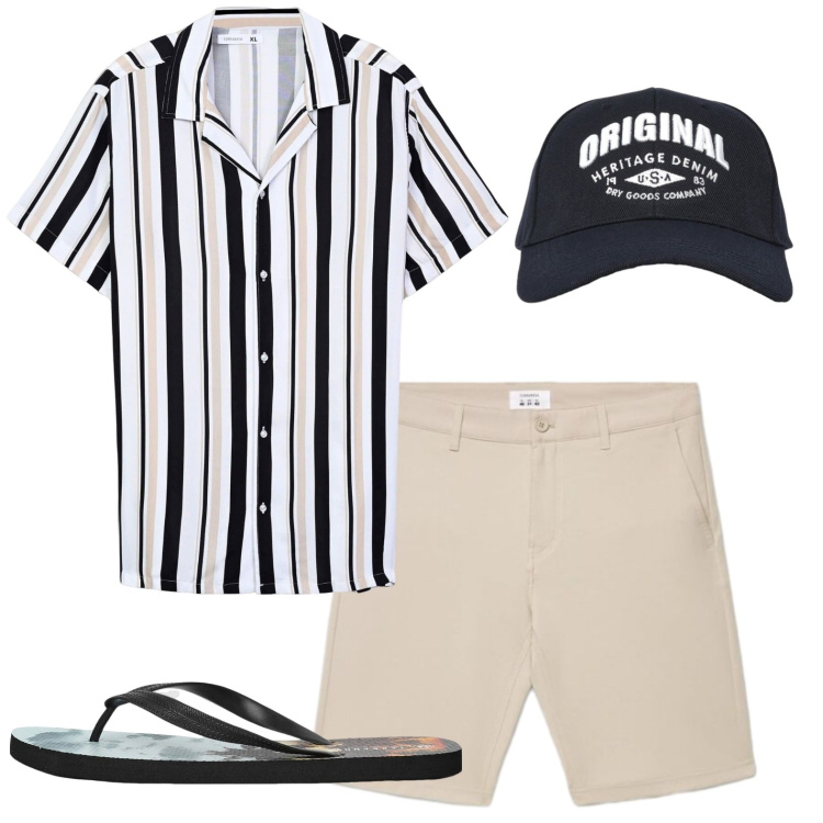Outfit uomo - Tutti al mare. Stile Casual per Mare. Abbinamento con camicie a manica corta, shorts, sandali, cappelli con visiera.