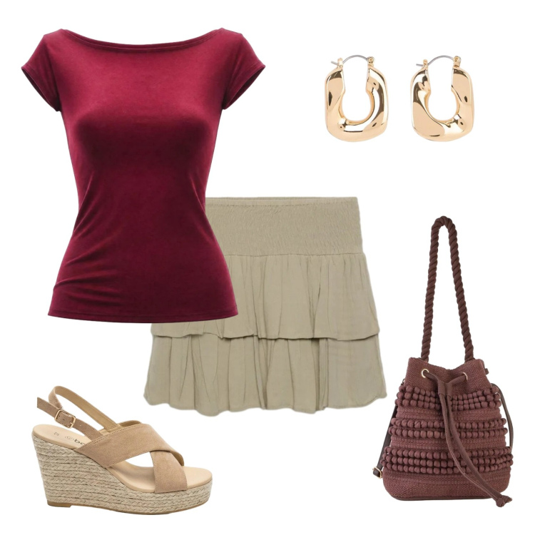 Outfit donna - Total look #2438104. Stile Casual chic per Tutti i giorni. Abbinamento con borse a secchiello, orecchini, sandali col tacco, top, minigonne.