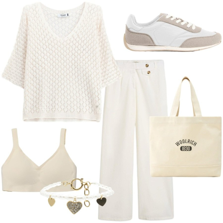 Outfit donna - Bianco in estate. Stile Casual chic per Tutti i giorni. Abbinamento con pantaloni, sneakers, bralette, braccialetti, canottiere, borse tote.