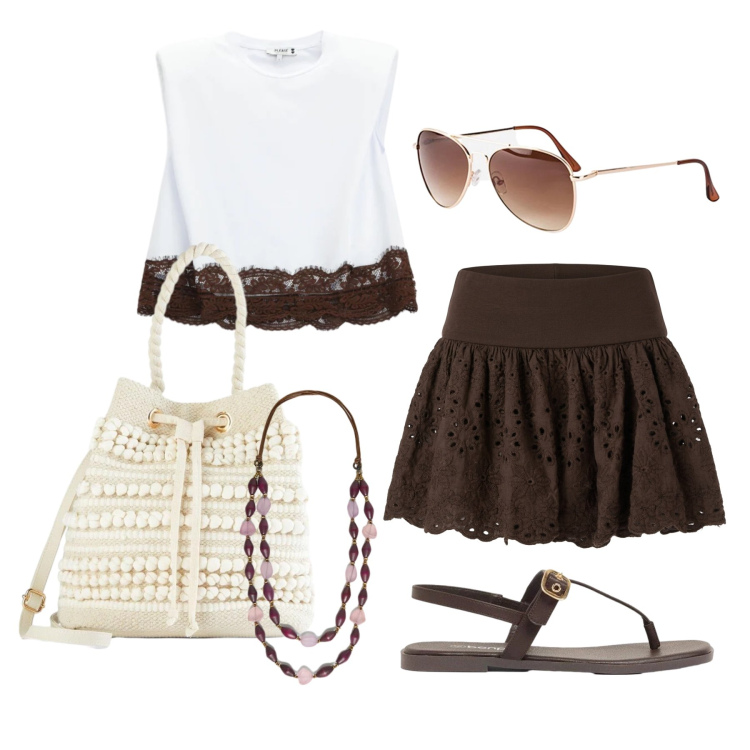 Outfit donna - Luglio. Stile Glamour per Tutti i giorni. Abbinamento con sandali, borse a secchiello, occhiali da sole, minigonne, top, collane.