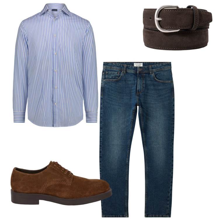 Outfit uomo - In ufficio a settembre. Stile Trendy per Ufficio. Abbinamento con jeans, scarpe stringate, camicie, cinture.