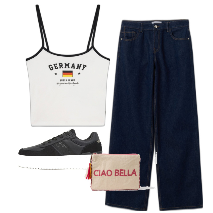 Outfit mujer - Chic #6894. Estilo Chic para Todos los días. Combinación con vaqueros pata de elefante, camisetas sin mangas, sneakers, pochette.
