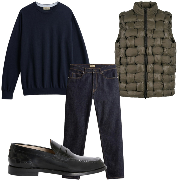 Outfit uomo - Autunno a Milano. Stile Urban per Ufficio. Abbinamento con scarpe stringate, gilet, pantaloni, maglieria.