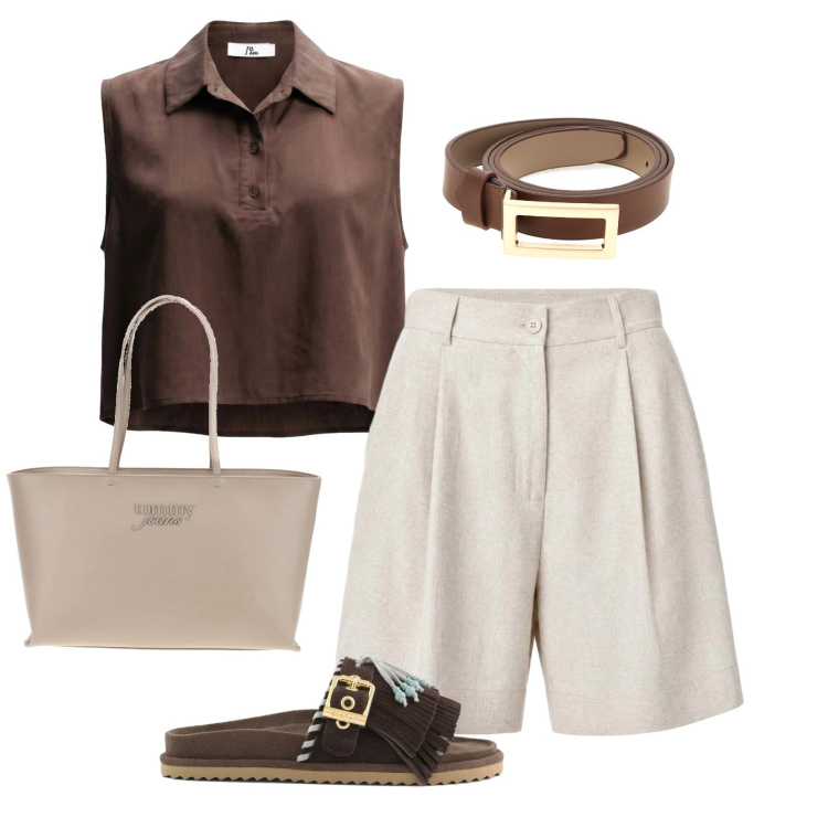 Outfit donna - Comfort strutturato. Stile Sporty chic per Tutti i giorni. Abbinamento con shorts, top, sandali in pelle, borse a spalla, cinture.