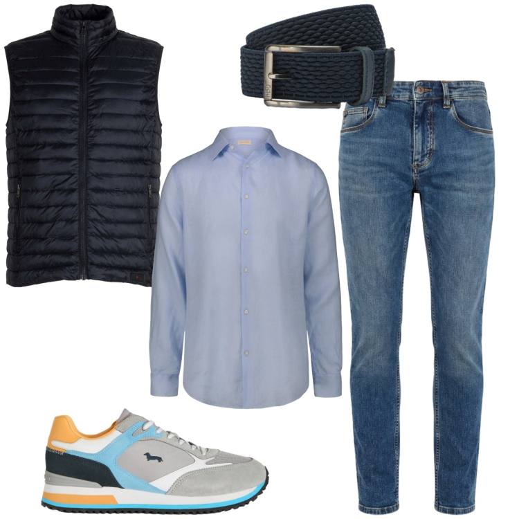 Outfit uomo - Serata estiva in montagna. Stile Casual per Tutti i giorni. Abbinamento con sneakers, jeans slim fit, cinture, piumini, camicie.
