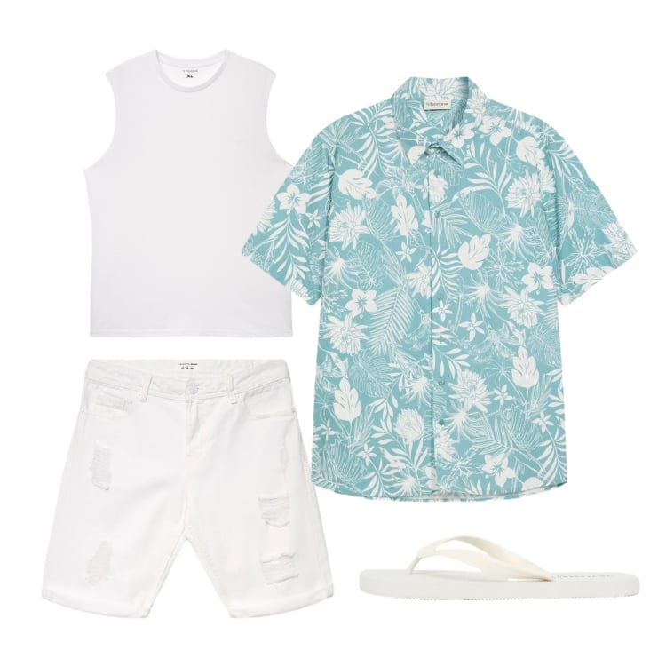 Outfit uomo - Camicia blu minerale naturale. Stile Casual per Tutti i giorni. Abbinamento con camicie a manica corta, bermuda, sandali, canottiere.
