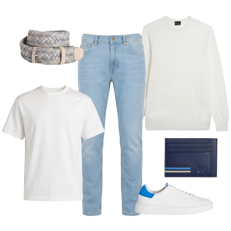 Outfit uomo - White e denim. Stile Casual per Tutti i giorni. Abbinamento con sneakers, t-shirt, cinture, portafogli, jeans, maglieria.