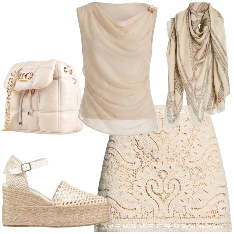 Outfit donna - Colori naturali. Stile Casual chic per Serata fuori. Abbinamento con minigonne, valigie, sciarpe, espadrillas, top.