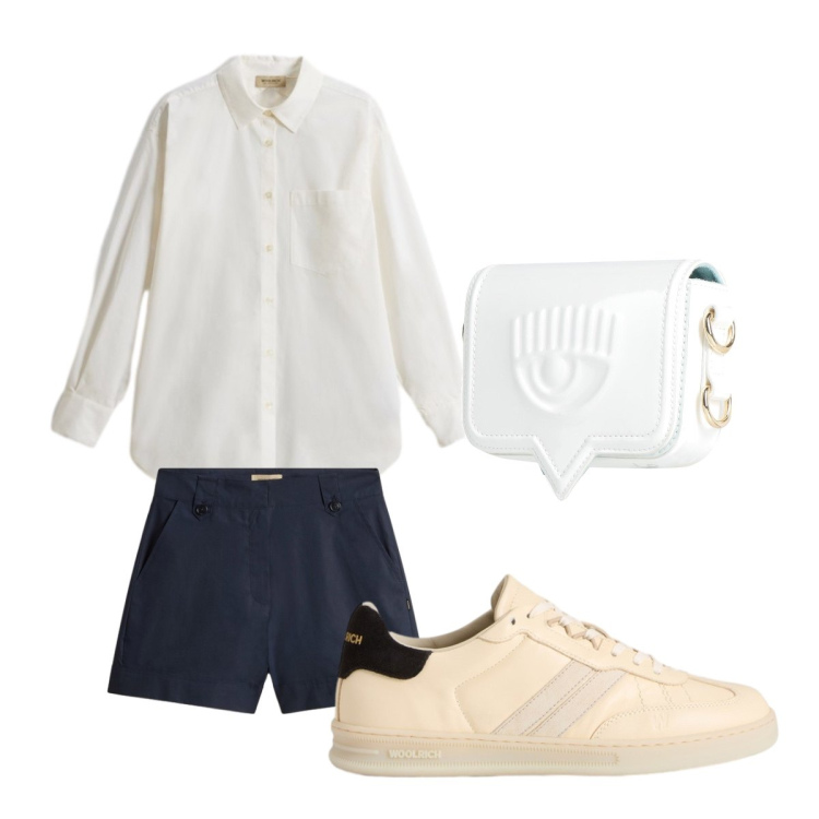 Outfit donna - Saldi woolrich. Stile Basic per Tutti i giorni. Abbinamento con marsupi, camicie, sneakers, pantaloni corti.