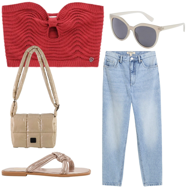 Outfit donna - Total look #2438143. Stile Casual chic per Tutti i giorni. Abbinamento con jeans mom, occhiali da sole, sandali, top, borse a spalla.