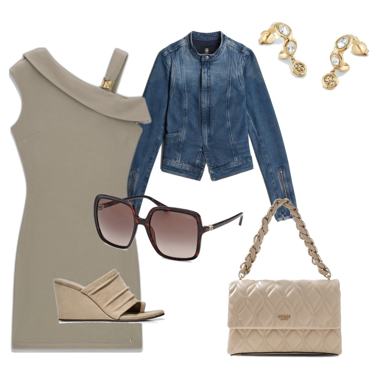 Outfit mujer - Casual #6467. Estilo Casual para Oficina. Combinación con pantuflas, vestidos cortos, blazers, bandoleras, gafas de sol, pendientes.