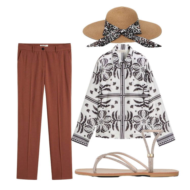 Outfit donna - Battesimo estivo. Stile Casual chic per Cerimonia. Abbinamento con pantaloni, bluse, cappelli, sandali.