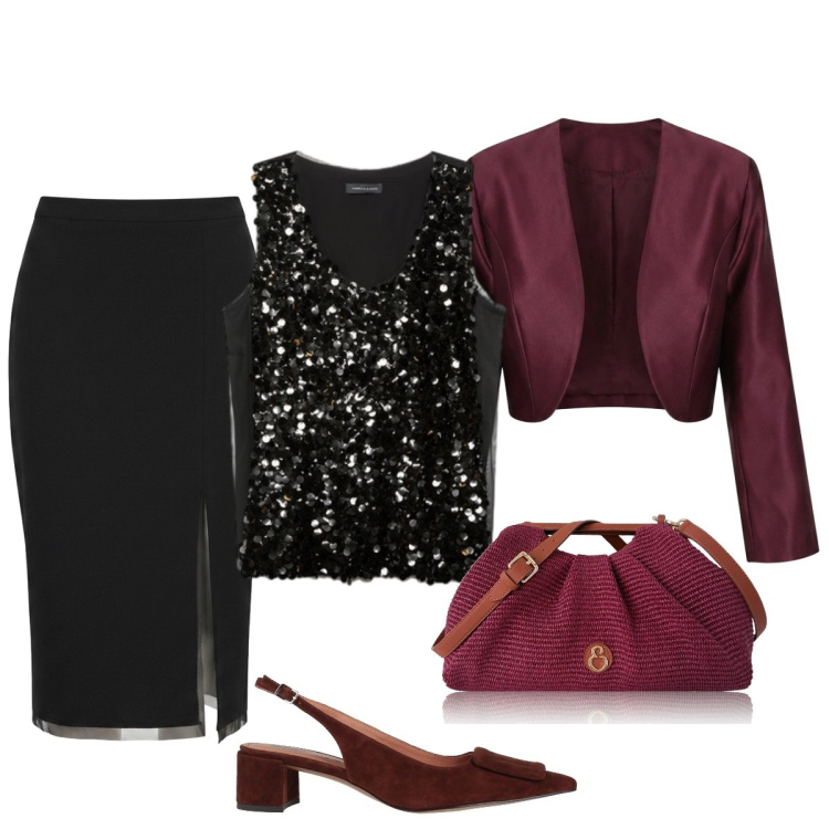 Outfit donna - Serata a Teatro. Stile Chic per Serata fuori. Abbinamento con décolleté, clutch, top, gonne longuette, blazer.