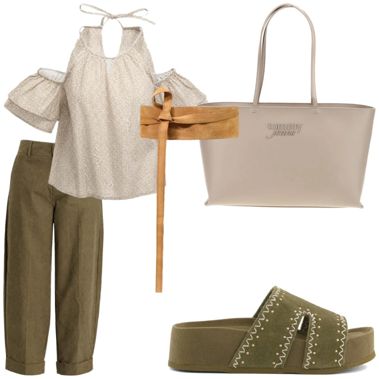 Outfit donna - Io semplicemente Io. Stile Casual chic per Tutti i giorni. Abbinamento con pantaloni, top, cinture, ciabatte, borse a spalla.