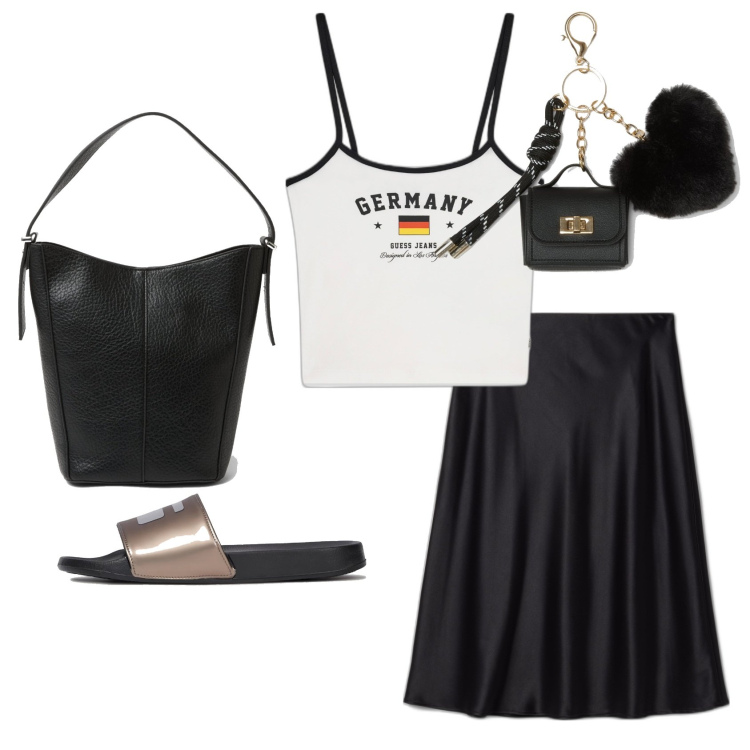 Outfit mujer - Casual look. Estilo Casual para Todos los días. Combinación con falda longuette, camisetas sin mangas, mochilas, sandalias, bolsos de hombro.