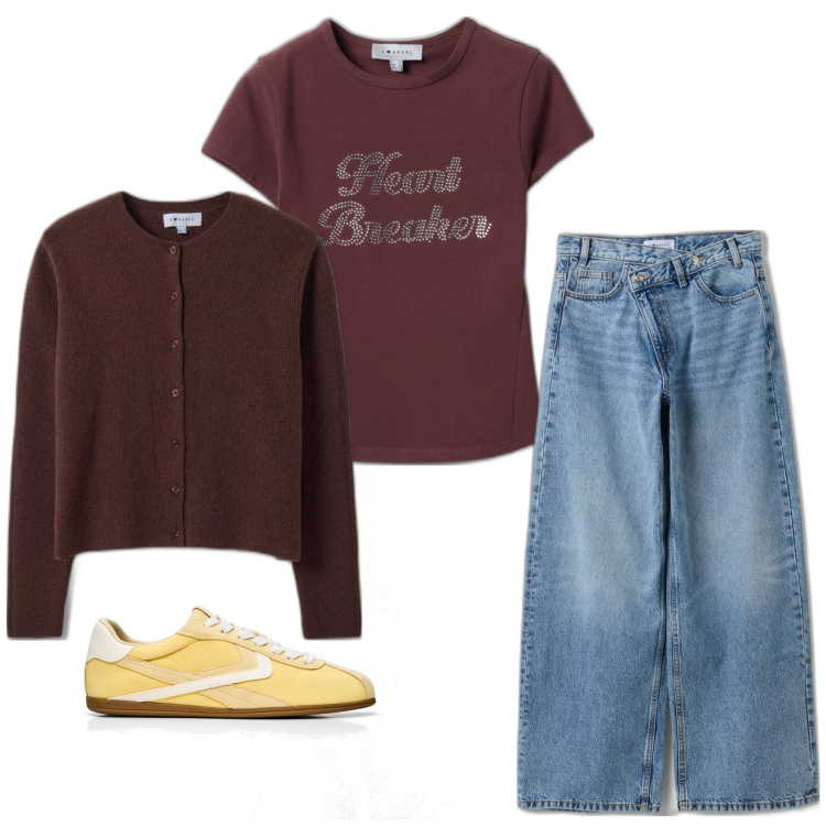 Outfit mujer - Casual look. Estilo Casual para Todos los días. Combinación con vaqueros, sneakers, camiseta, cárdigans.