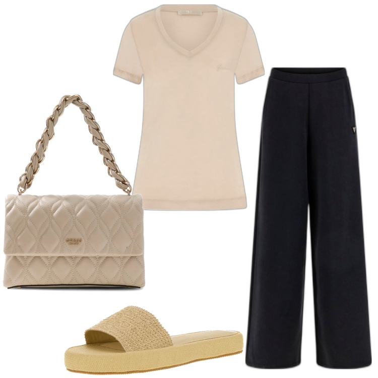 Outfit mujer - Basic look. Estilo Basic para Todos los días. Combinación con bandoleras, pantalones palazzo, camiseta, sandalias apliques joya.