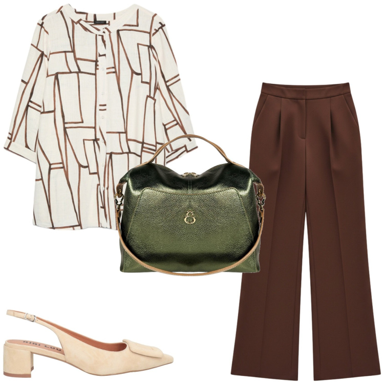 Outfit donna - Aperitivo in Estate. Stile Chic per Serata fuori. Abbinamento con décolleté, borse a mano, bluse, pantaloni a palazzo.