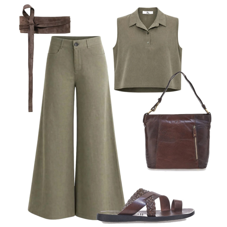 Outfit donna - Total look tempo libero. Stile Casual per Tutti i giorni. Abbinamento con pantaloni a palazzo, top, cinture, ciabatte, borse a spalla.