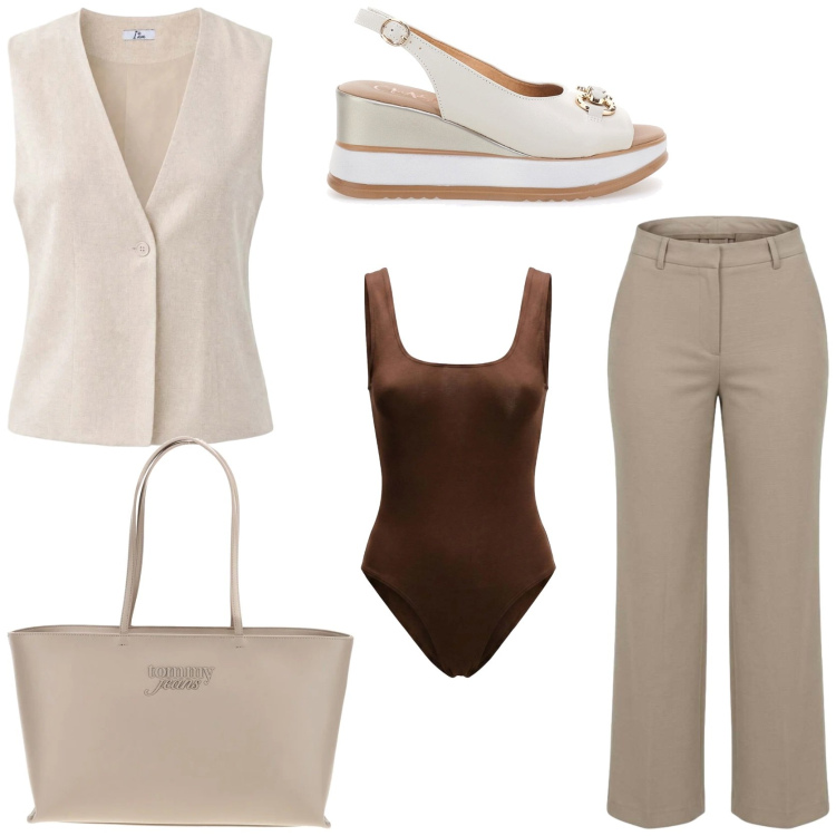 Outfit donna - Mix di beige. Stile Casual chic per Tutti i giorni. Abbinamento con pantaloni, gilet, body, sandali in pelle, borse a spalla.